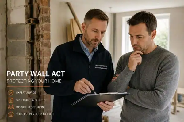 Party wall surveyor West Bromwich discussing extension plans with homeowner outside a UK semi-detached house.